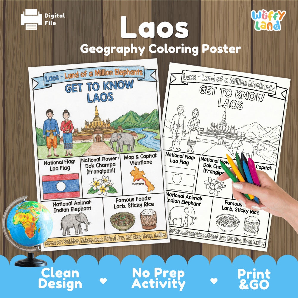 Laos Geography Coloring Poster and Fact Sheet Printables
