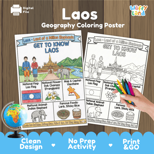 Laos Geography Coloring Poster and Fact Sheet Printables