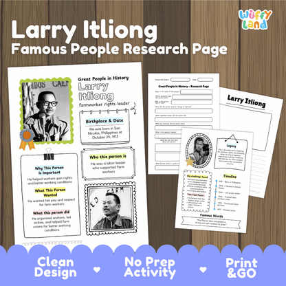 Larry Itliong biography research worksheets pack featuring graphic organizers, timeline activity, and student writing template