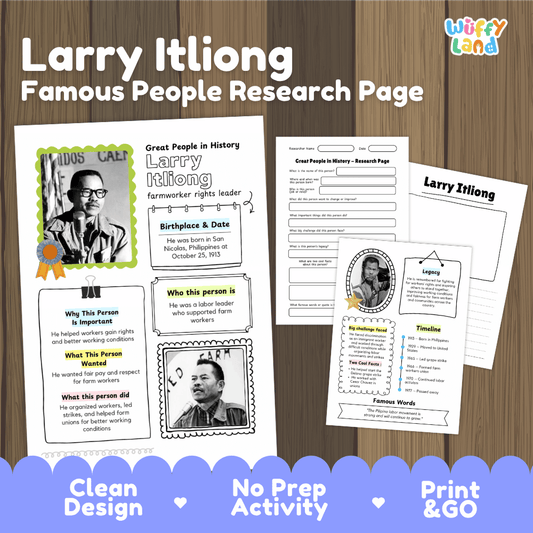 Larry Itliong biography research worksheets pack featuring graphic organizers, timeline activity, and student writing template