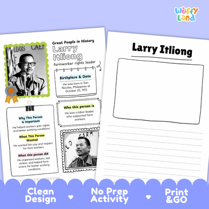 Educational biography summary worksheet featuring a chronological timeline, famous quote, and lined student writing page