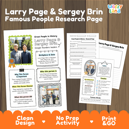 Larry Page & Sergey Brin Famous People Research Page Worksheets