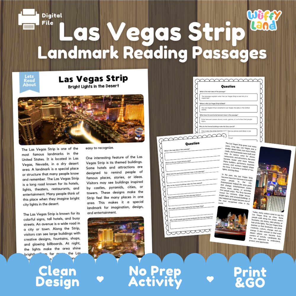 Las Vegas Strip landmark reading comprehension passage with nonfiction text and comprehension questions about the famous Nevada destination