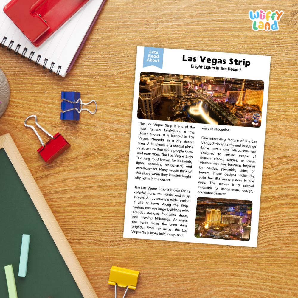 Las Vegas Strip Nevada landmark reading worksheet with informational passage and comprehension activities about its bright lights, hotels and famous attractions
