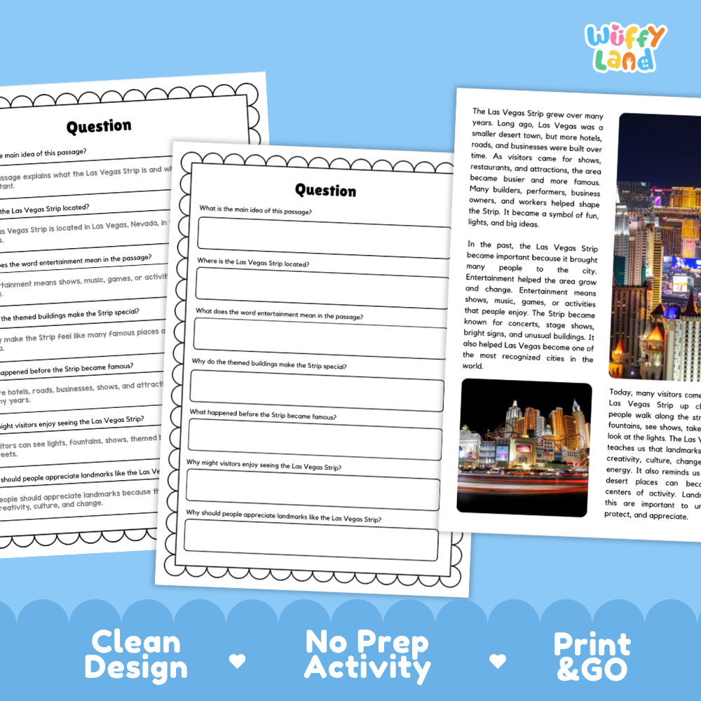 Printable Las Vegas Strip reading passage and questions featuring facts and real photographs of the iconic Las Vegas landmark for elementary students