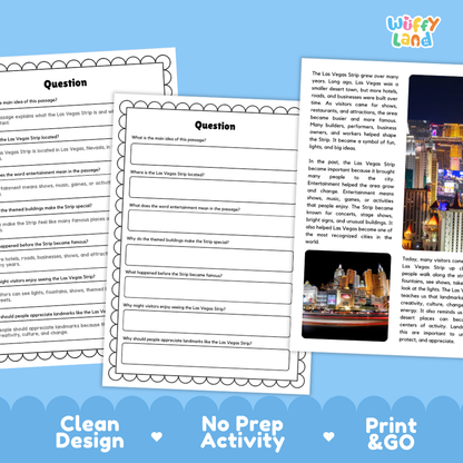 Printable Las Vegas Strip reading passage and questions featuring facts and real photographs of the iconic Las Vegas landmark for elementary students