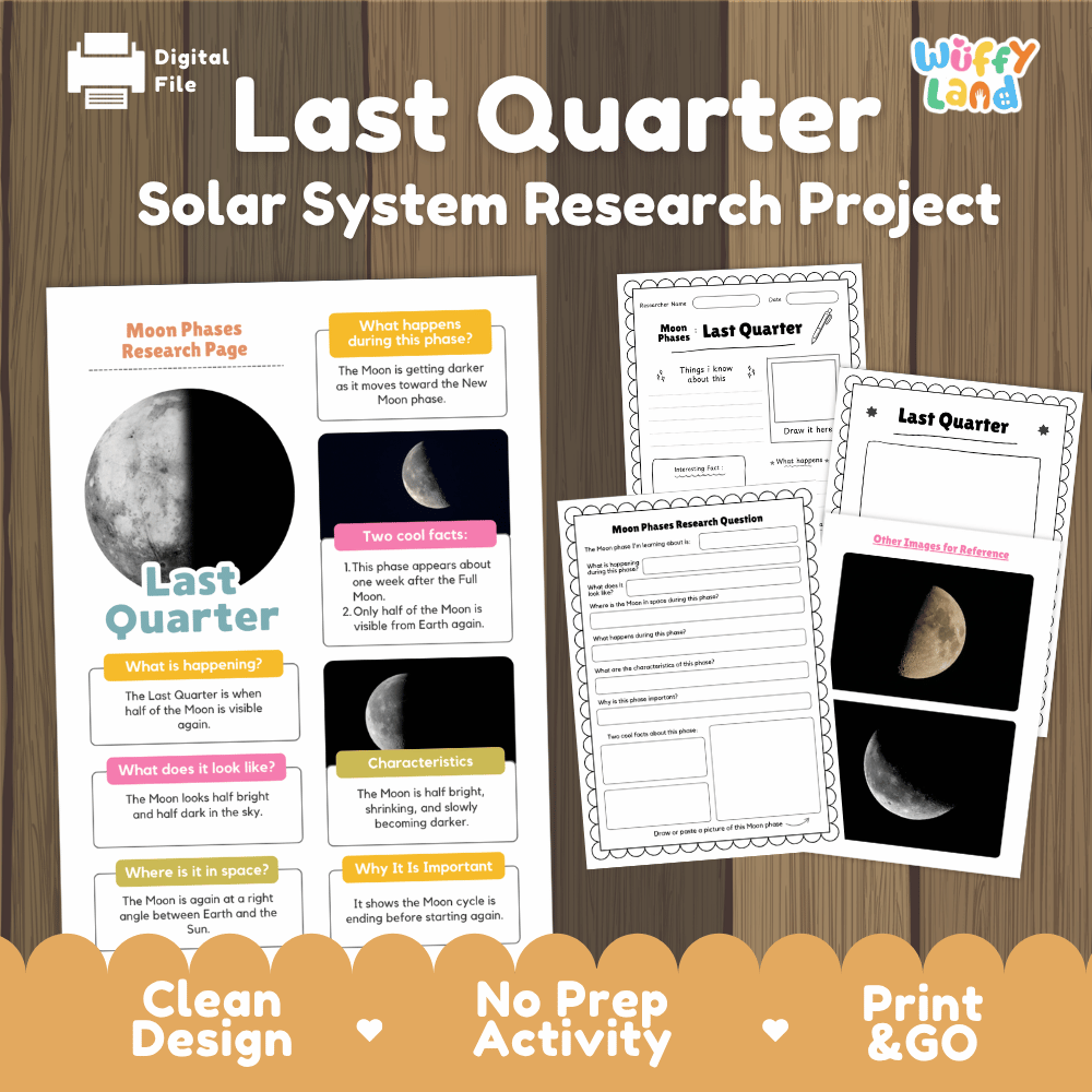 Last Quarter Moon Solar System Research Project Worksheets and Fact Sheet