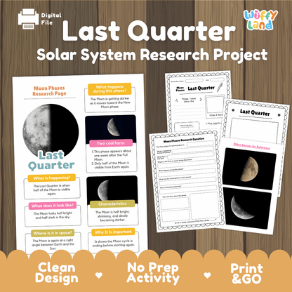 Last Quarter Moon Solar System Research Project Worksheets and Fact Sheet