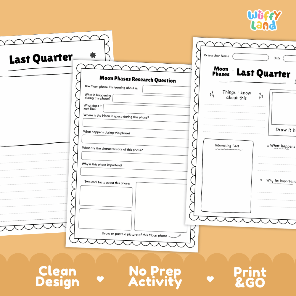 Three printable worksheet pages for a moon phases research activity are shown on an orange background. The pages have black text and line art with a scalloped border, including sections for a last quarter summary, moon phases questions, and notes.