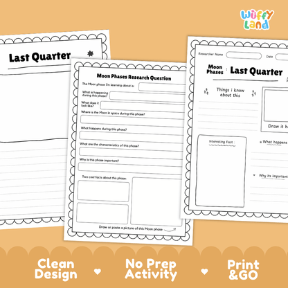 Three printable worksheet pages for a moon phases research activity are shown on an orange background. The pages have black text and line art with a scalloped border, including sections for a last quarter summary, moon phases questions, and notes.