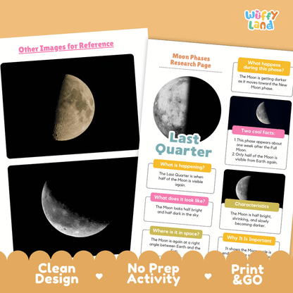 Last Quarter Moon Solar System Research Project Worksheets and Fact Sheet