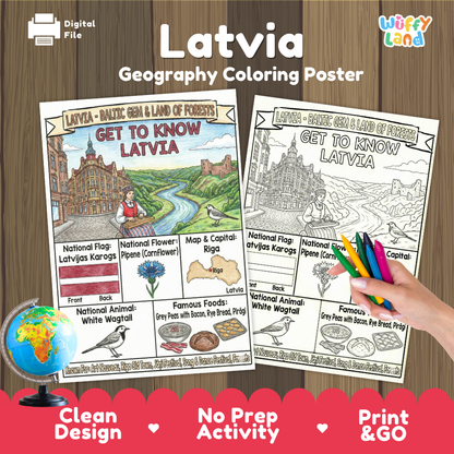 Get to know Latvia coloring poster paired with photo flashcards of House of the Blackheads, Gauja National Park, Latgale Lakes, and Piragi