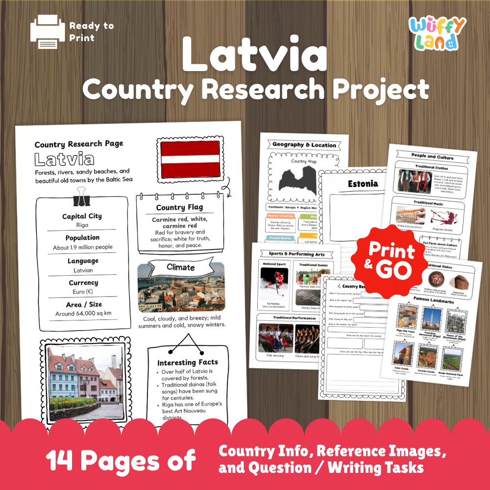 Student country research worksheet on Latvia featuring carmine red and white flag, Riga capital facts, climate, and geography map