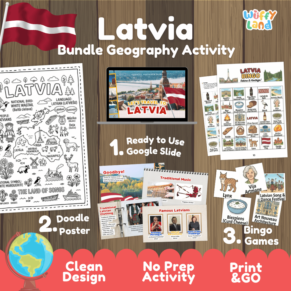 Complete Latvia geography activity bundle featuring Google Slides, doodle coloring poster, and classroom bingo games 🇱🇻🎒