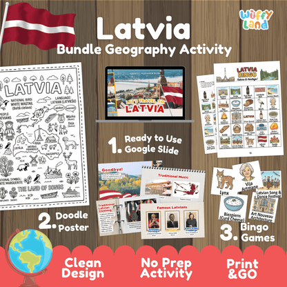 Complete Latvia geography activity bundle featuring Google Slides, doodle coloring poster, and classroom bingo games 🇱🇻🎒