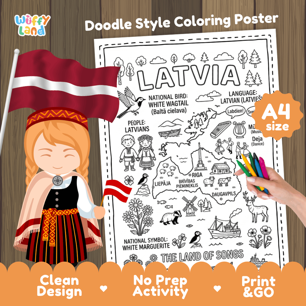 Latvia country study doodle style coloring poster printable page featuring map, landmarks, and cultural symbols