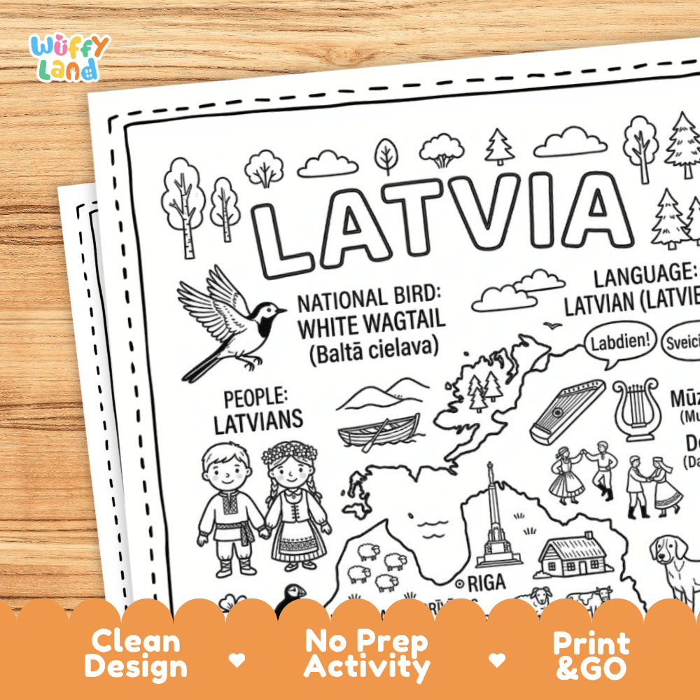 Cultural coloring page featuring traditional Latvian folk costume, kokle music, folk dance, and Latvian greeting speech bubbles