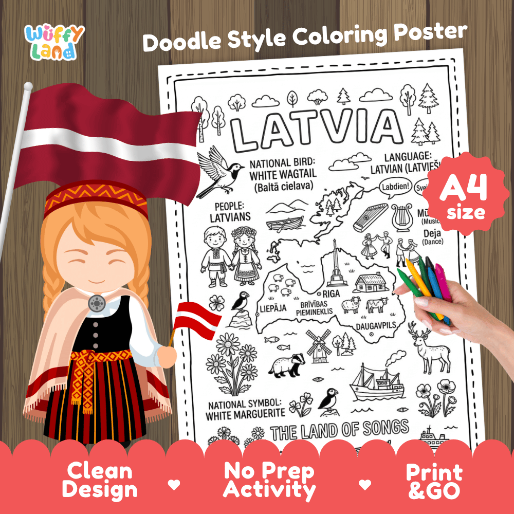 Printable A4 doodle coloring poster highlighting Latvia map, White Wagtail, Freedom Monument, and White Marguerite daisy 🎨🐦