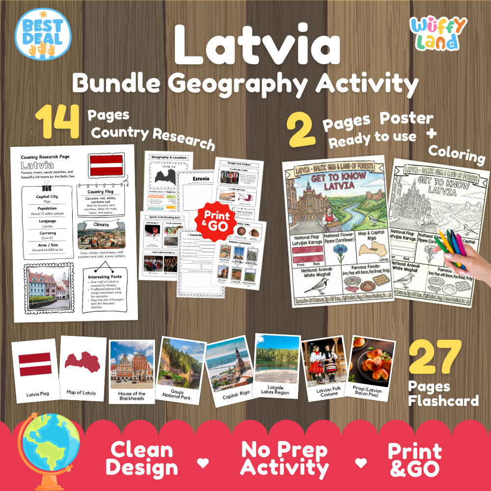 Latvia geography activity bundle cover showing 14 country research pages, 2 ready to use coloring posters, and 27 photo flashcards