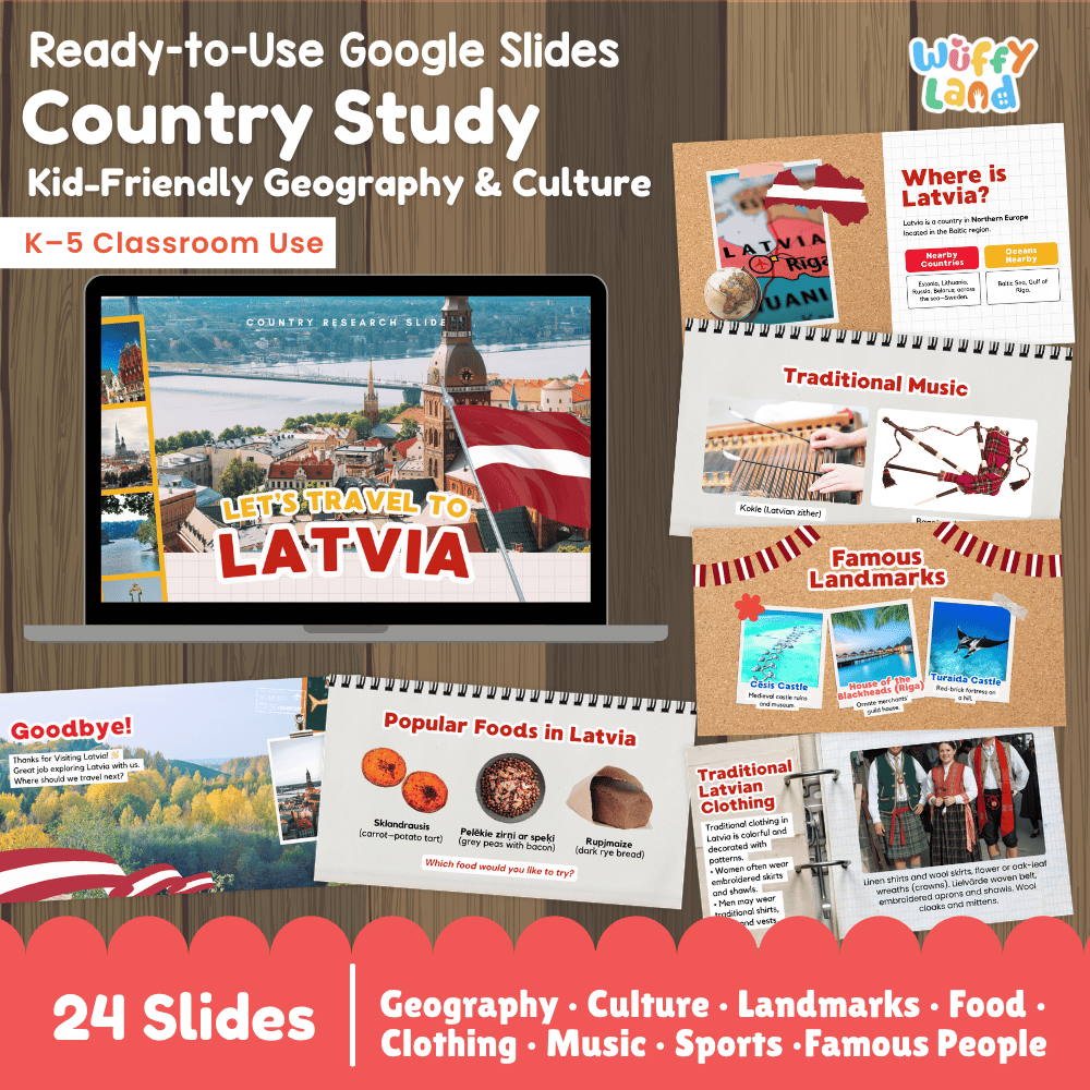 Interactive Google Slides deck displaying famous Latvian landmarks like Freedom Monument, traditional Kokle music, and food 💻🏛️