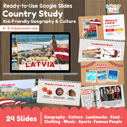 Interactive Google Slides deck displaying famous Latvian landmarks like Freedom Monument, traditional Kokle music, and food 💻🏛️