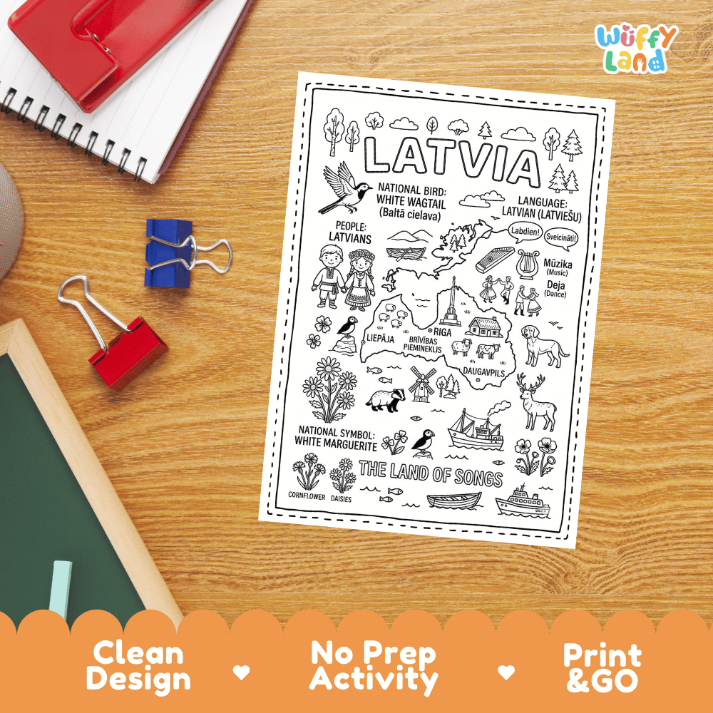Doodle map coloring sheet showing Latvia's capital Riga, Freedom Monument, Liepaja, and Daugavpils