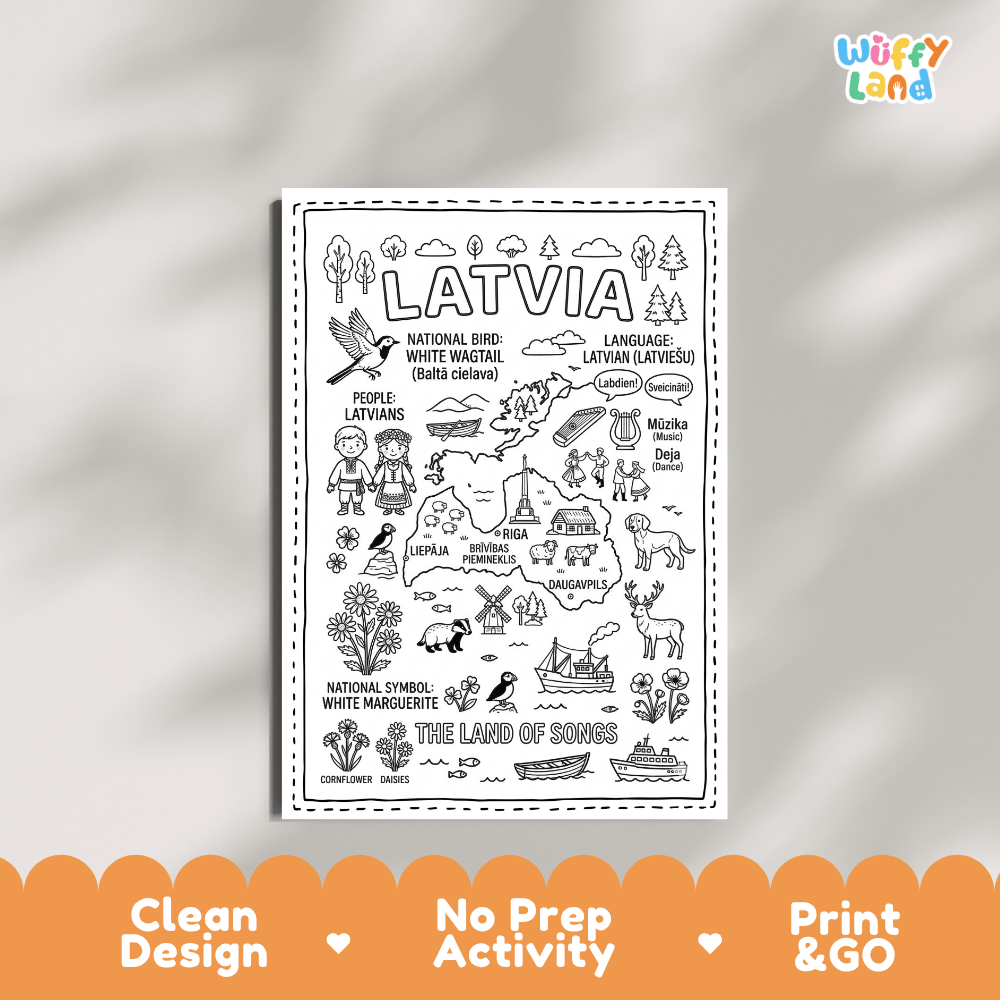 Educational activity coloring page highlighting Latvia's national bird the White Wagtail and flower White Marguerite