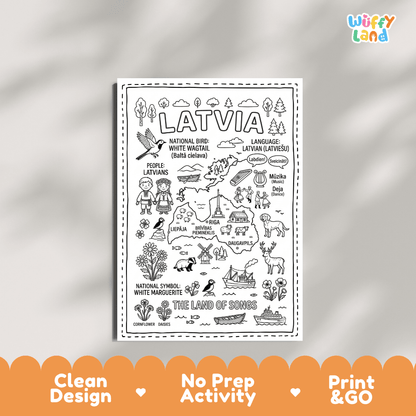 Educational activity coloring page highlighting Latvia's national bird the White Wagtail and flower White Marguerite