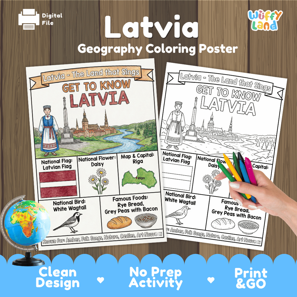Latvia Geography Coloring Poster and Fact Sheet Printables