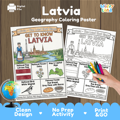 Latvia Geography Coloring Poster and Fact Sheet Printables