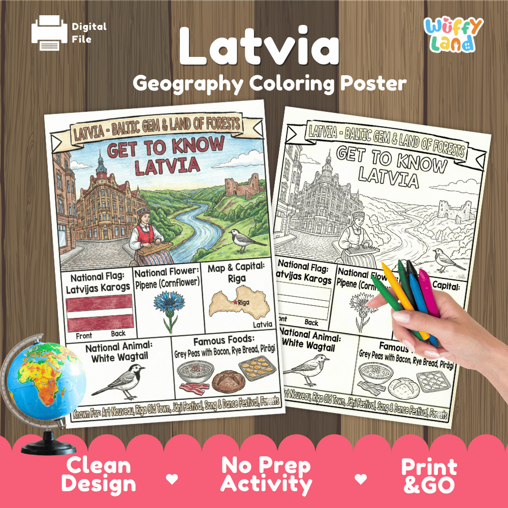 Latvia Geography Coloring Poster and Fact Sheet Printables