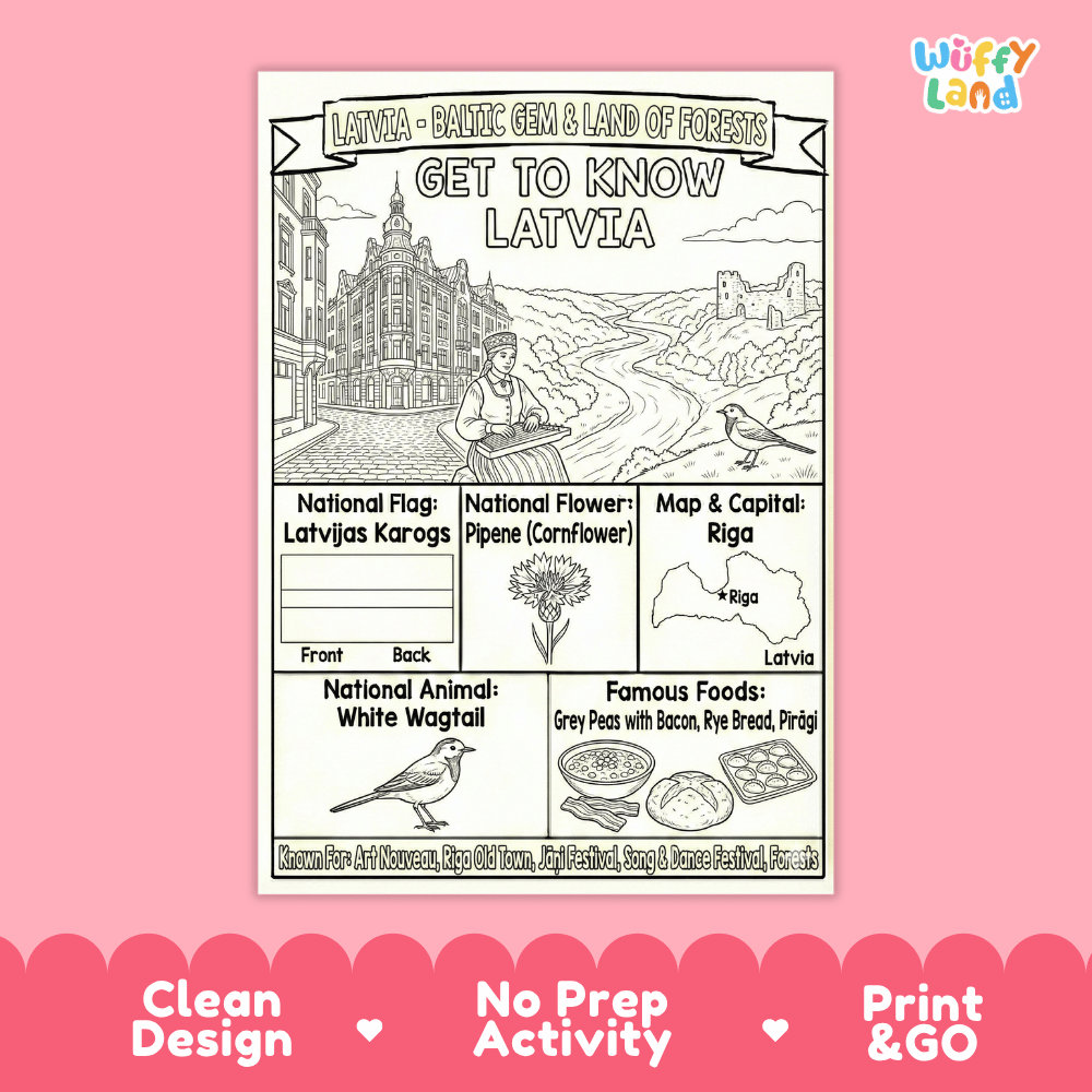 Latvia Geography Coloring Poster and Fact Sheet Printables