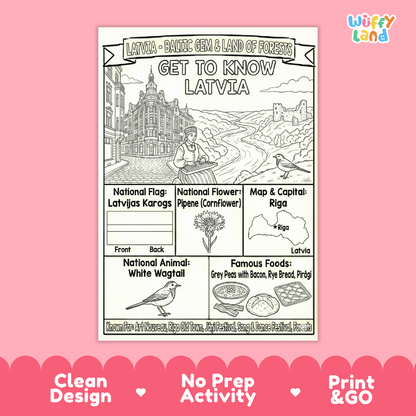 Latvia Geography Coloring Poster and Fact Sheet Printables