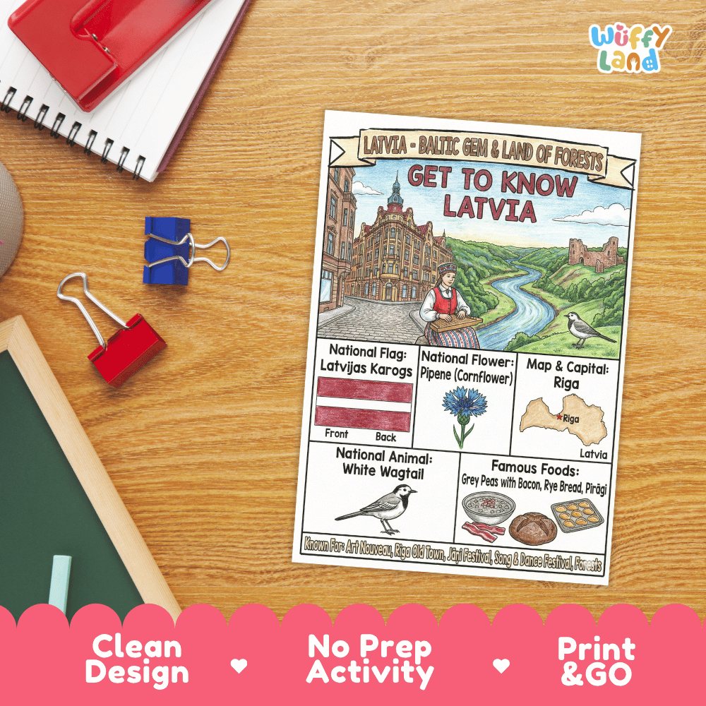 Latvia Geography Coloring Poster and Fact Sheet Printables