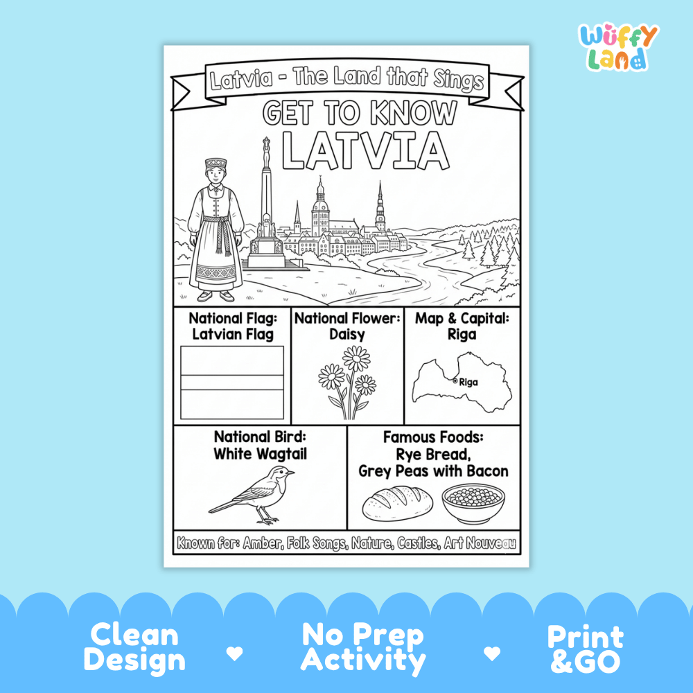 Latvia Geography Coloring Poster and Fact Sheet Printables