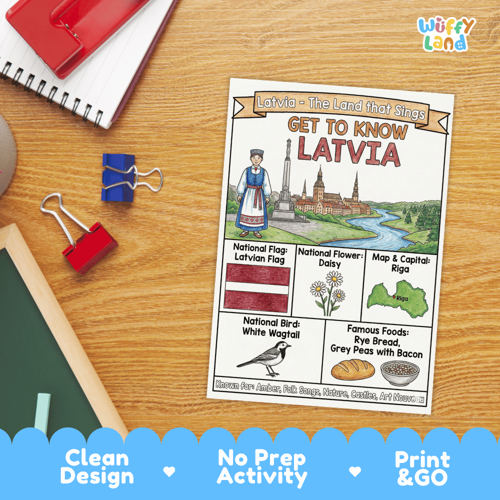 Latvia Geography Coloring Poster and Fact Sheet Printables
