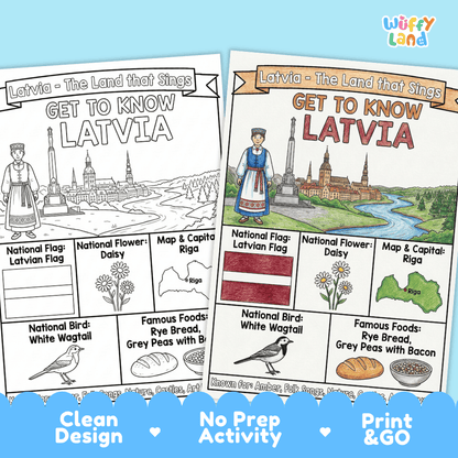 Latvia Geography Coloring Poster and Fact Sheet Printables