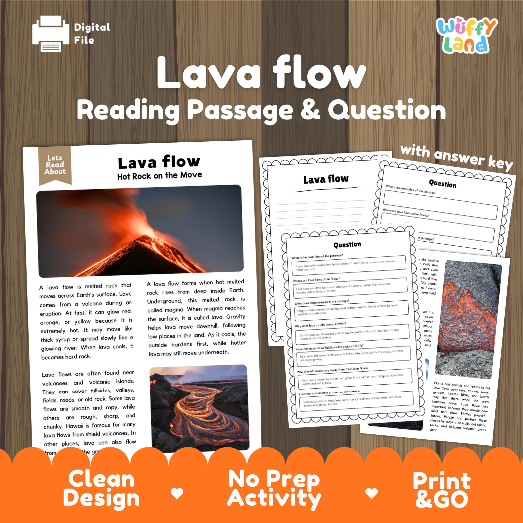 Lava flow reading comprehension passage and questions printable activity pack with answer key for elementary students
