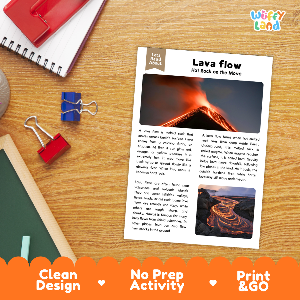 Student reading comprehension worksheet with short-answer questions and lined sections about lava flows