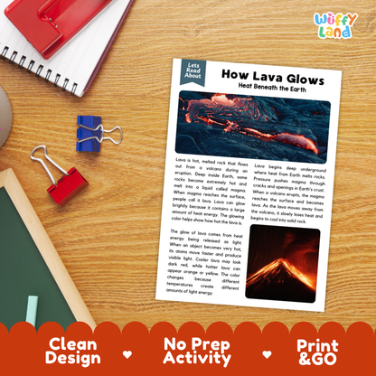 Printable student worksheet with short-answer reading comprehension questions covering volcanoes and geology
