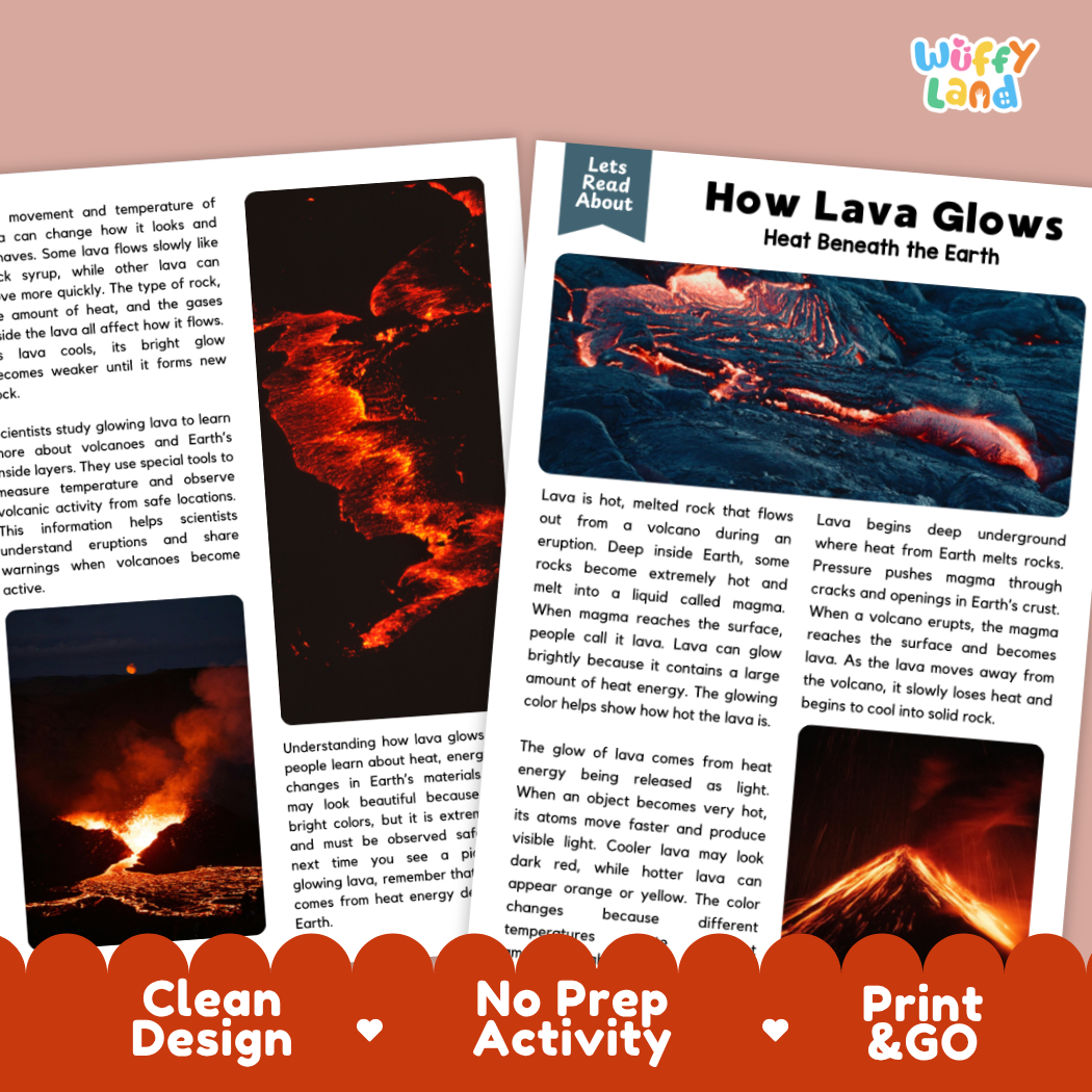 Complete teacher answer key worksheet providing detailed model responses for lava glow comprehension questions