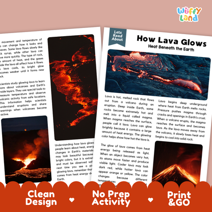 Complete teacher answer key worksheet providing detailed model responses for lava glow comprehension questions