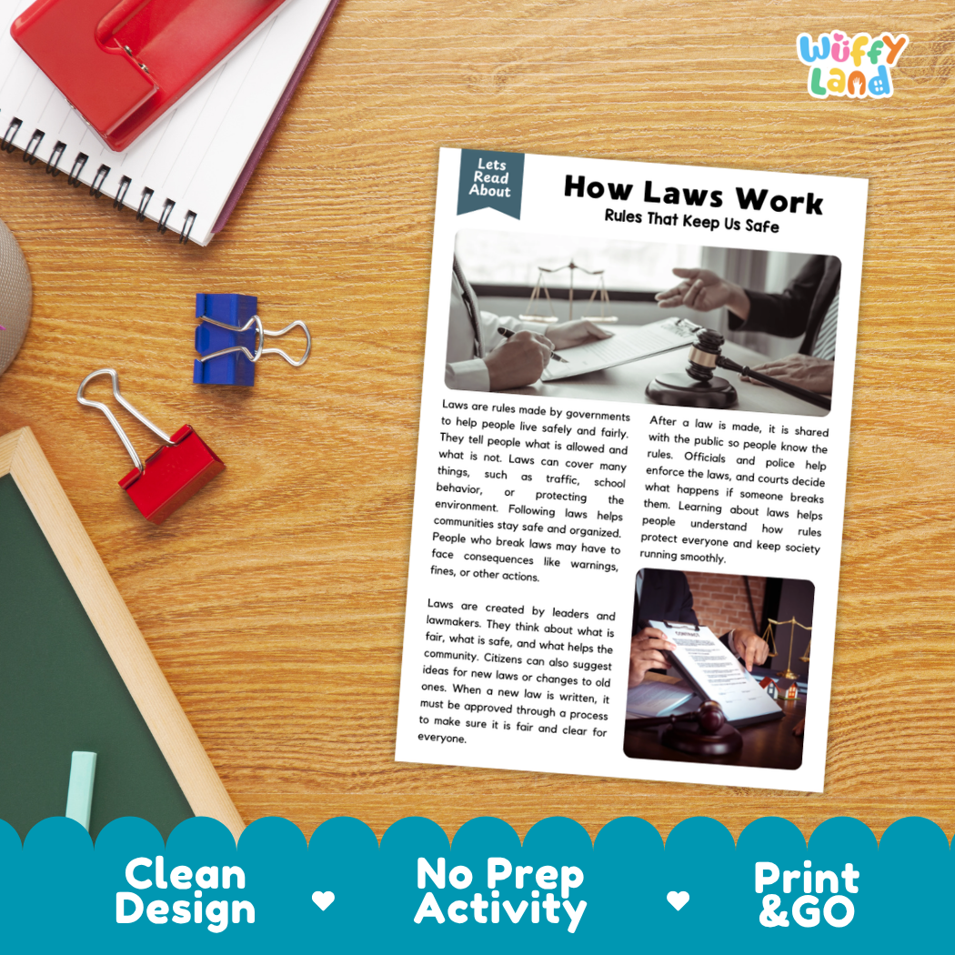 Printable student worksheet with short-answer reading comprehension questions covering laws and civics