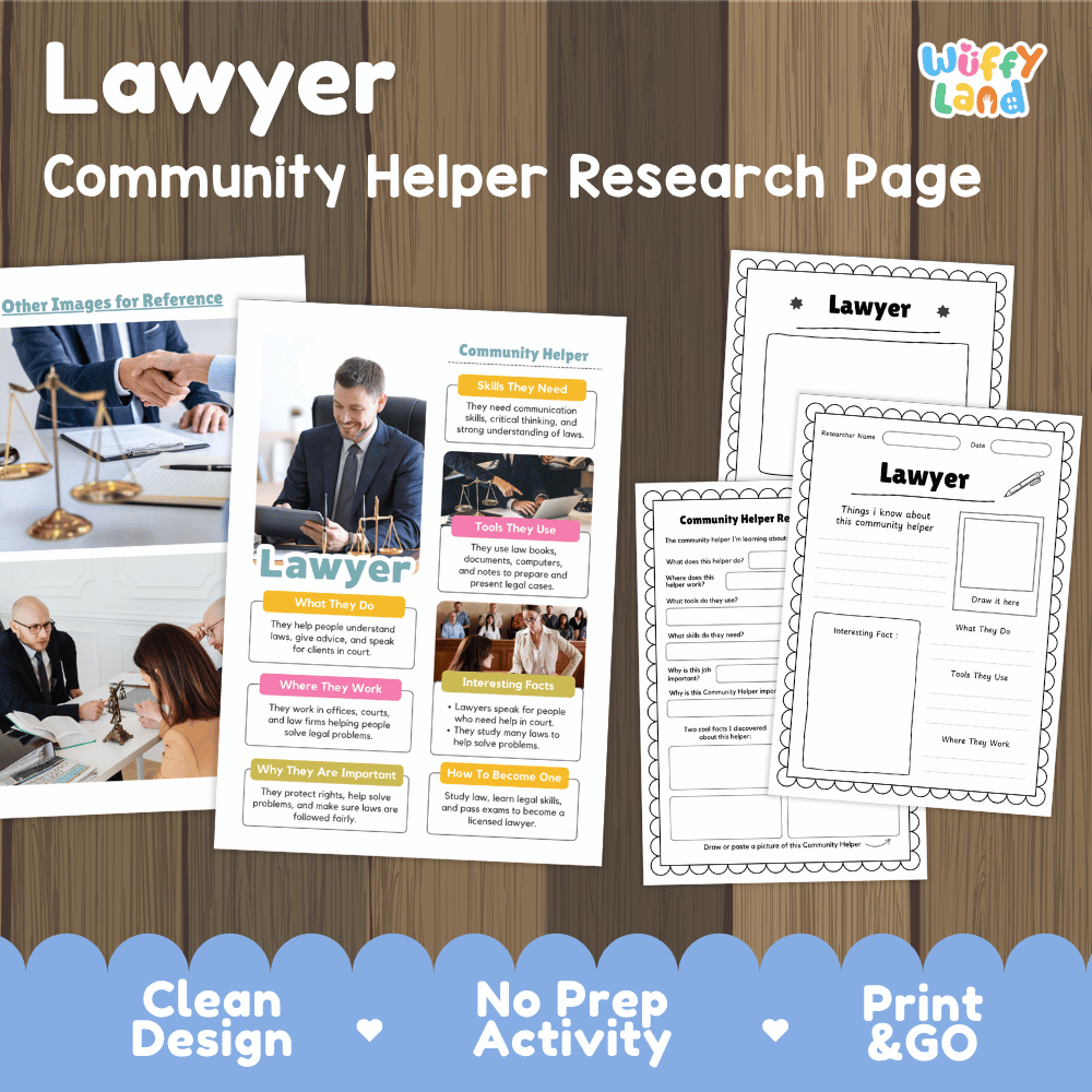 Lawyer community helper research page writing worksheets pack featuring real photos and student activity pages for elementary social studies