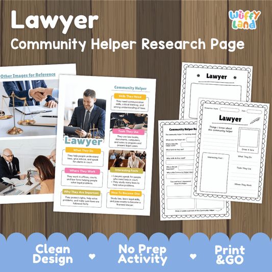 Lawyer community helper research page writing worksheets pack featuring real photos and student activity pages for elementary social studies