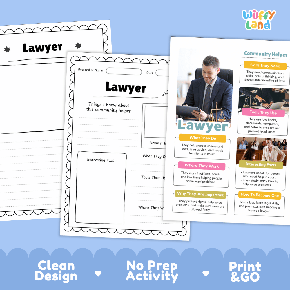 Educational reference poster with real photography showing lawyer job duties, tools, workplace, and interesting facts