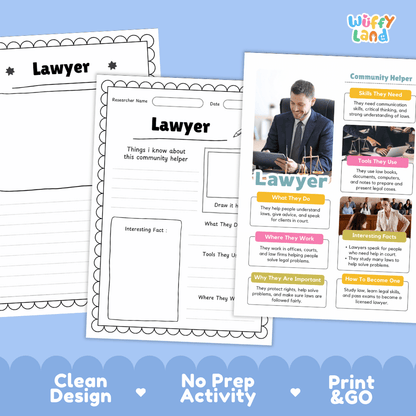 Educational reference poster with real photography showing lawyer job duties, tools, workplace, and interesting facts
