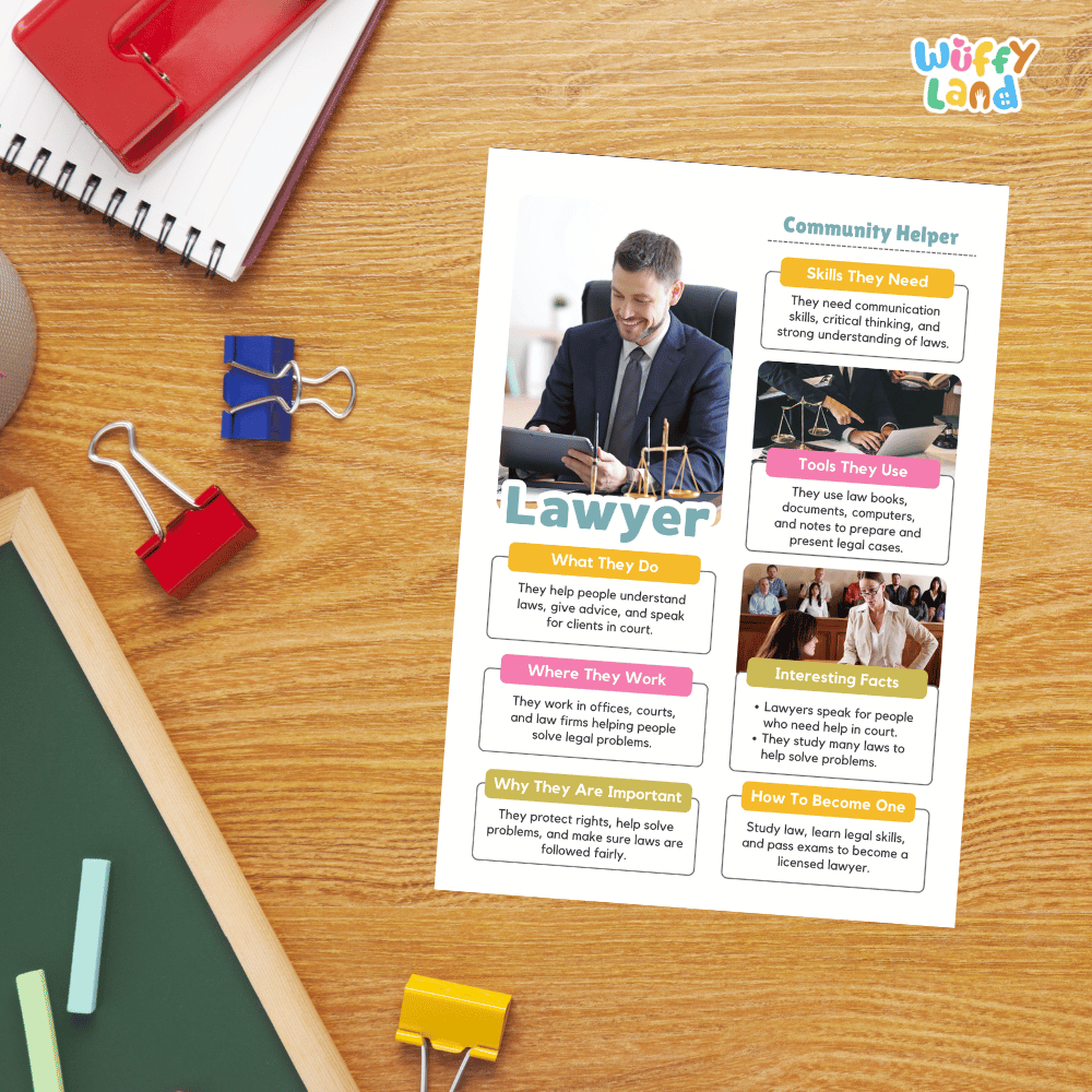 Guided student writing worksheets with lined sections for recording facts and a dedicated box for drawing or pasting a picture of a lawyer
