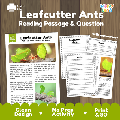 Leafcutter Ants Reading Passage and Comprehension Questions Worksheets