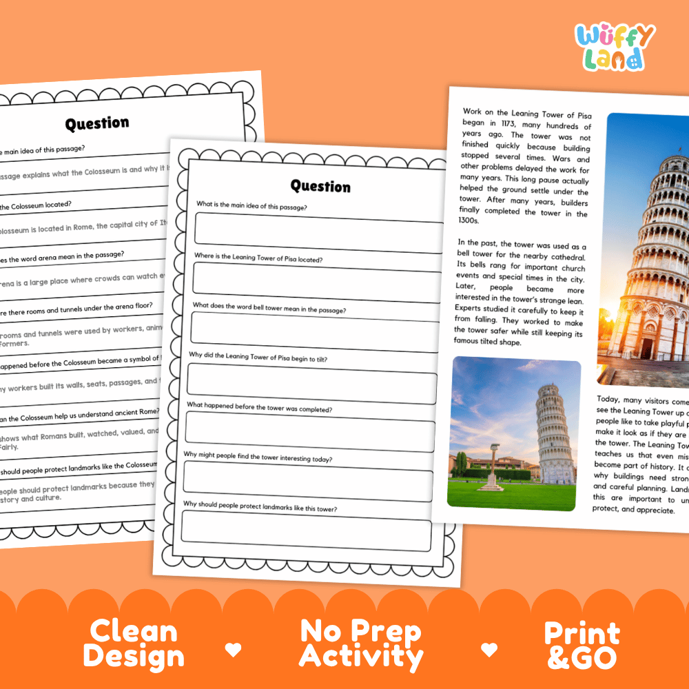 Leaning Tower of Pisa Landmark Reading Passages and Comprehension Worksheets